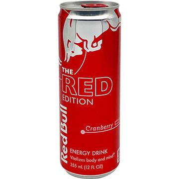 Red Bull The Red Edition cranberry energy drink can. Red and silver with a logo of a bull.