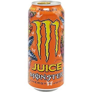Orange Monster energy drink can with yellow logo and butterfly graphics.