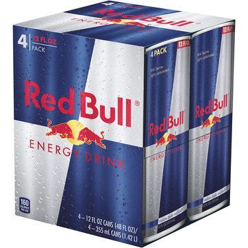A 4-pack of Red Bull energy drink cans. Blue and silver packaging with the Red Bull logo.
