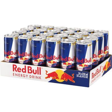 Case of Red Bull energy drink cans. White box, red, blue, and yellow cans.