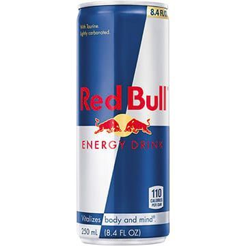 Red Bull energy drink can with blue, white, and red branding, 110 calories.