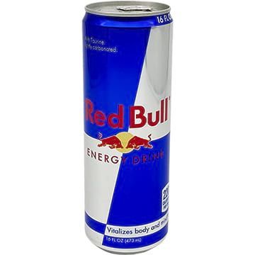 Red Bull energy drink can with blue and silver design; two red bulls on the front.