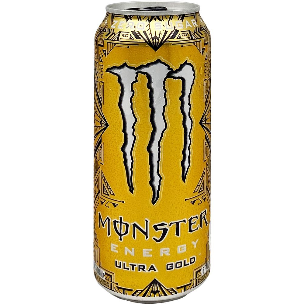 Gold Monster Energy Ultra can. Yellow and black design with iconic claw logo.