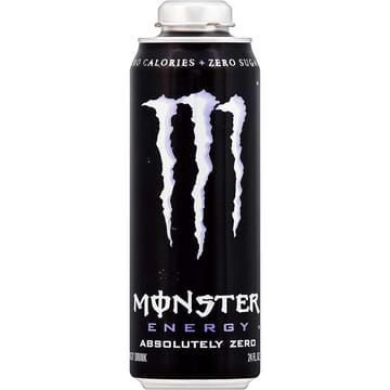 Black Monster energy drink can with white logo, silver lid.