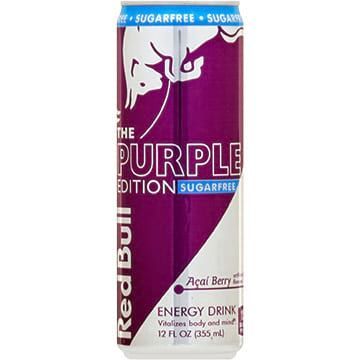 Red Bull Purple Edition sugarfree energy drink can, purple and white with acai berry flavor.