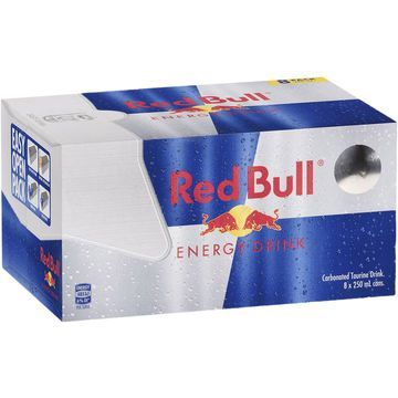 Box of Red Bull energy drink cans, white and blue packaging.