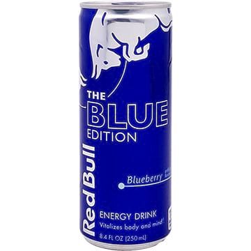Red Bull The Blue Edition energy drink can, blueberry flavor, blue and white branding.