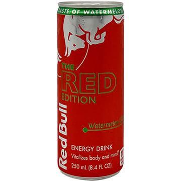 Red Bull Red Edition watermelon energy drink can, red with white bull logo.