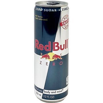Red Bull Zero energy drink can, blue and silver, zero sugar.