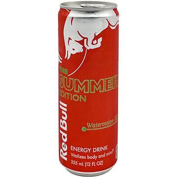 Red Bull watermelon energy drink can. Red and white, with bull logo and text. 12 oz.