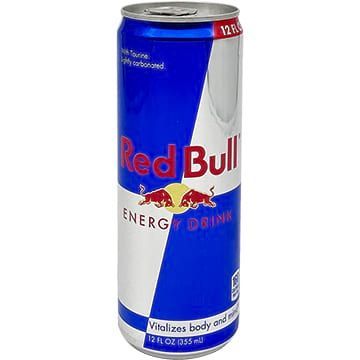 Red Bull energy drink can, blue and silver with red logo and bulls, 12 fl oz.