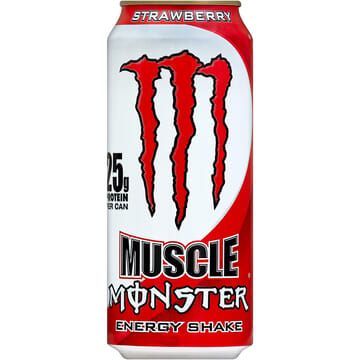 Strawberry Muscle Monster energy shake can with red logo and text.
