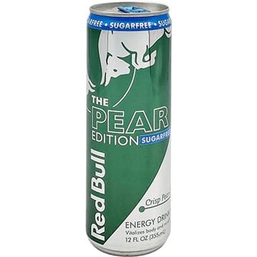 Red Bull Pear Edition sugar-free energy drink can, green and white with a pear design.