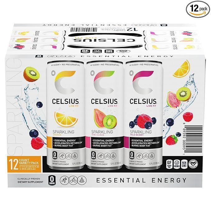 CELSIUS Sparkling Variety Pack (Orange, Wild Berry, Kiwi Guava - 12 pack