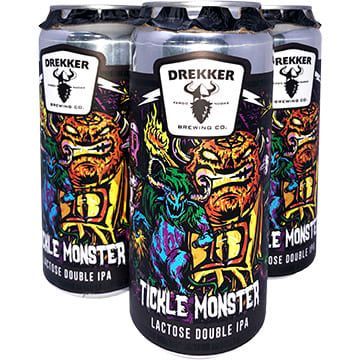 Four cans of Drekker Brewing Co. Tickle Monster Lactose Double IPA, with colorful monster artwork on the labels.