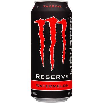 Black Monster Energy Reserve can with red claw-like design, watermelon flavor.