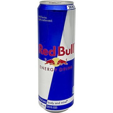 Red Bull energy drink can with blue and silver design; two red bulls on the front.