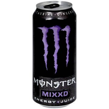Black Monster energy drink can with purple claw logo and 