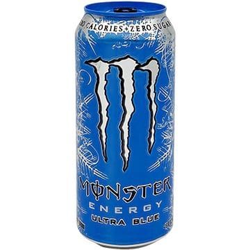 Blue Monster Energy drink can with white logo, zero calories, zero sugar.