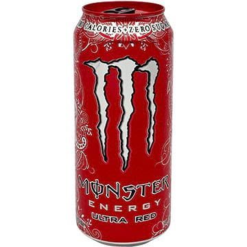 Red Monster Energy Ultra can with white logo, ornate design, and 