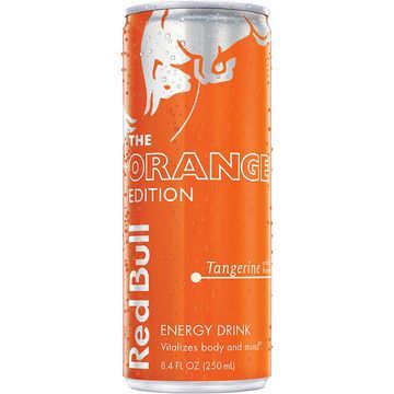 A can of Red Bull Orange Edition energy drink. Orange can with white logo and text, tangerine flavor.