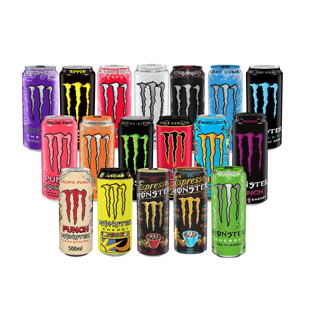 Assortment of Monster energy drink cans in various colors, each with the brand's iconic logo.