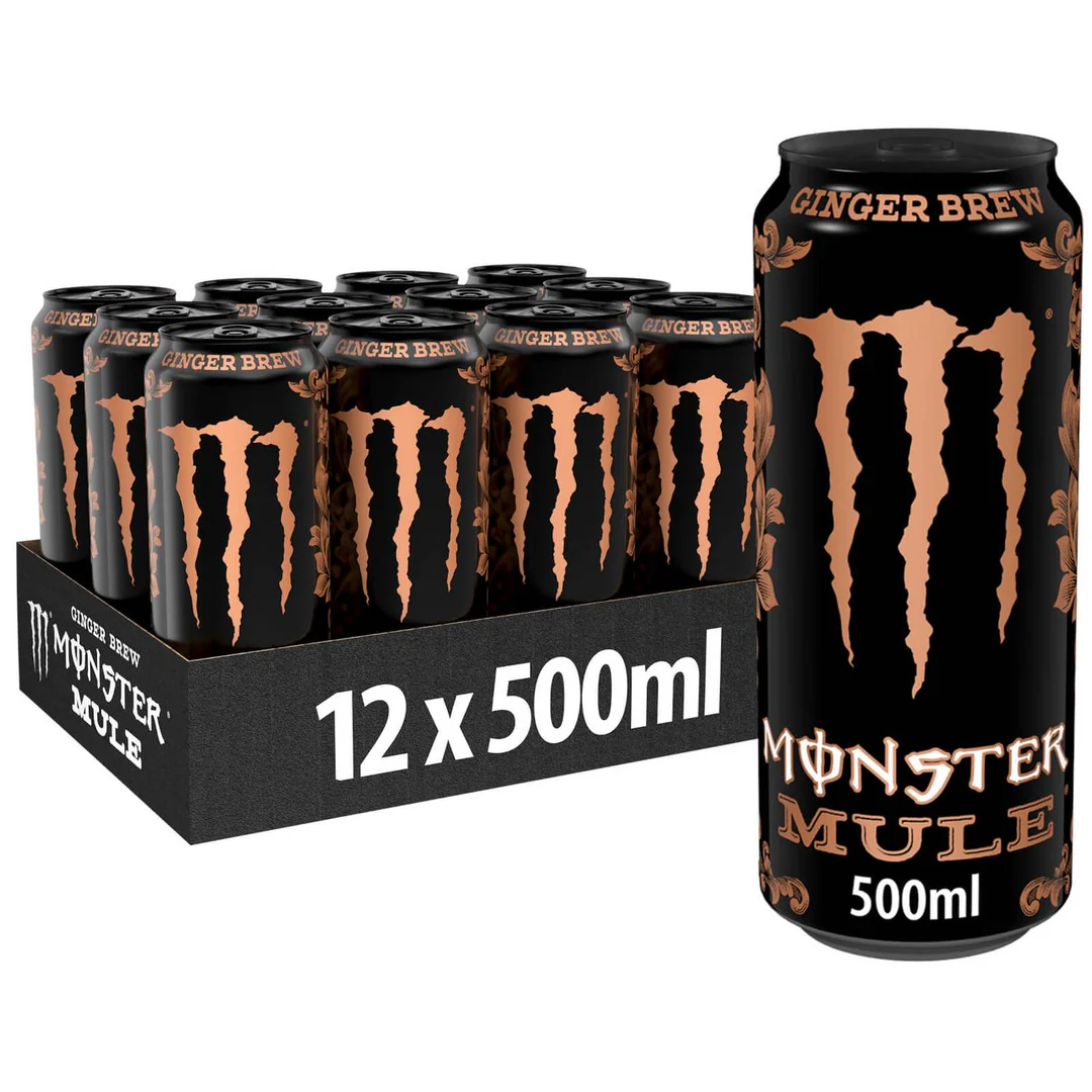 Monster Mule energy drink, 12-pack with black cans and copper logo, on black display, single can on right.