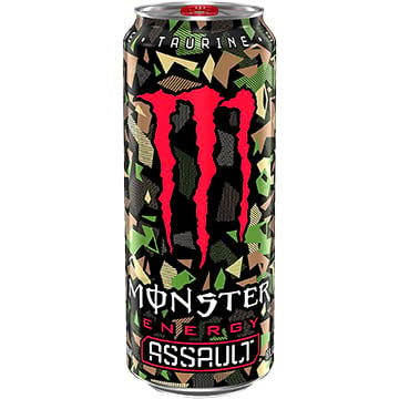 Monster Energy Assault can with red logo and camouflage pattern.