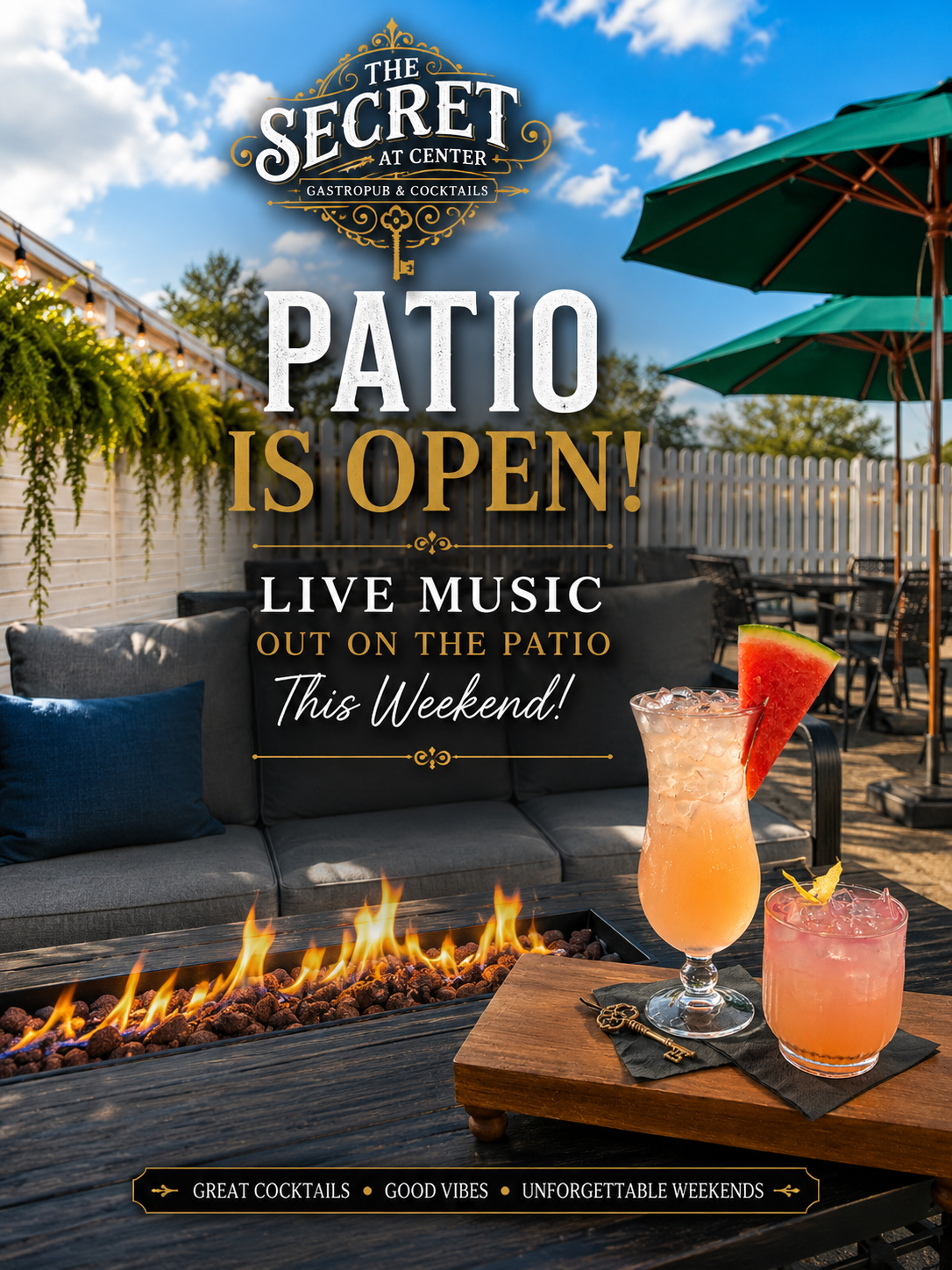 Patio sign with cocktails, fire pit, and umbrellas announcing live music on the patio this weekend.