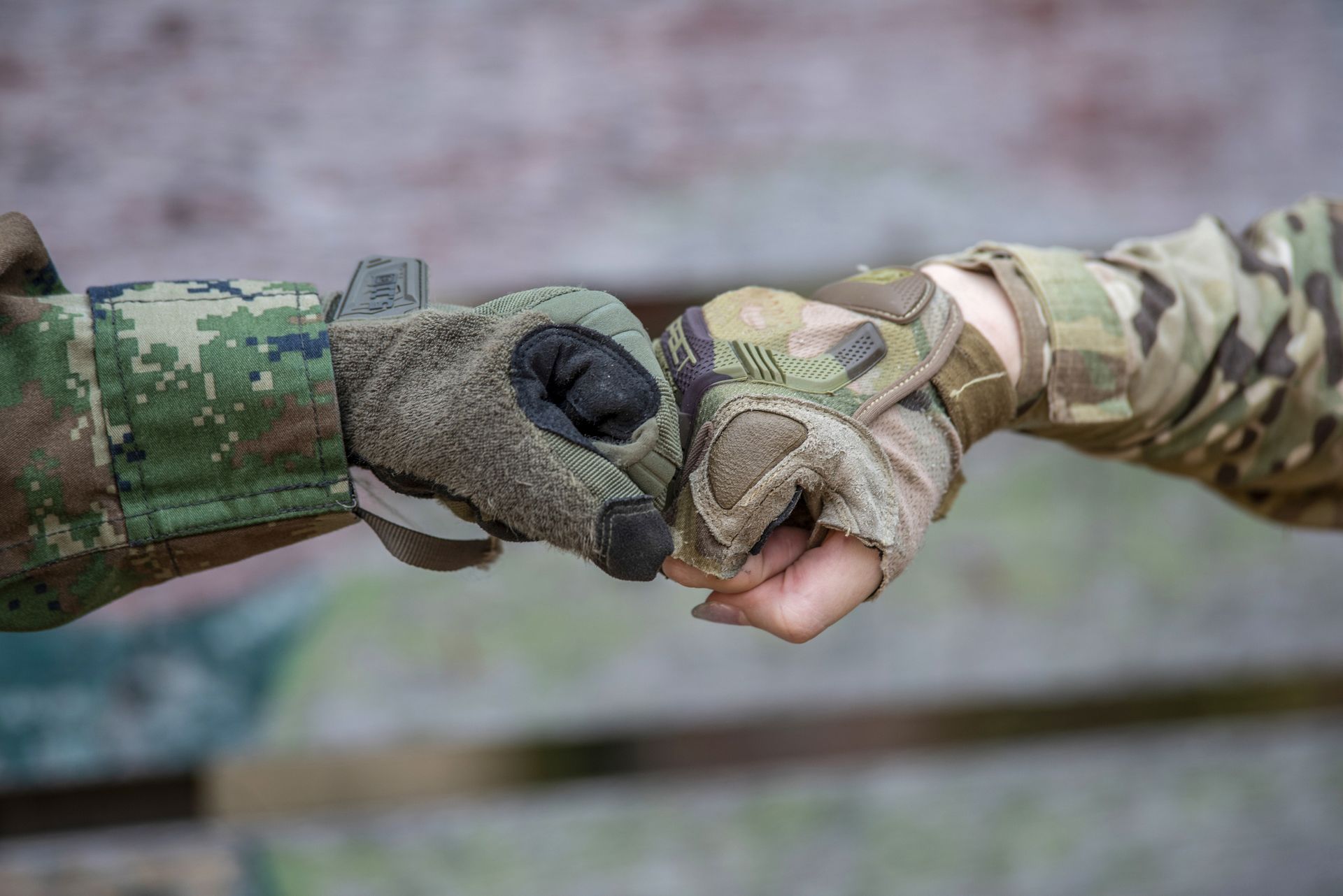 Two gloved hands in military camouflage fist bump.