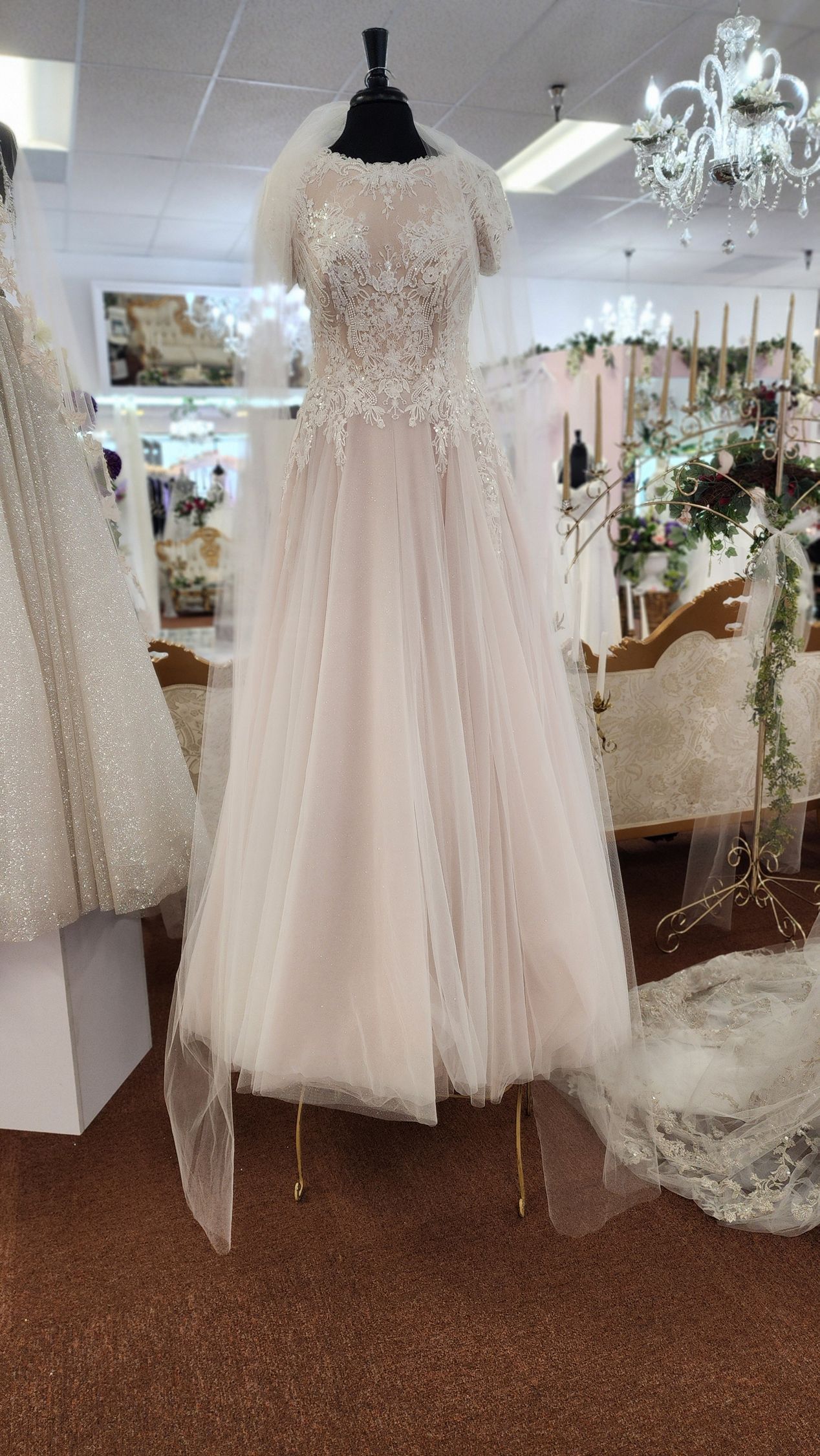 Blush tulle A-line bridal gown with lace bodice