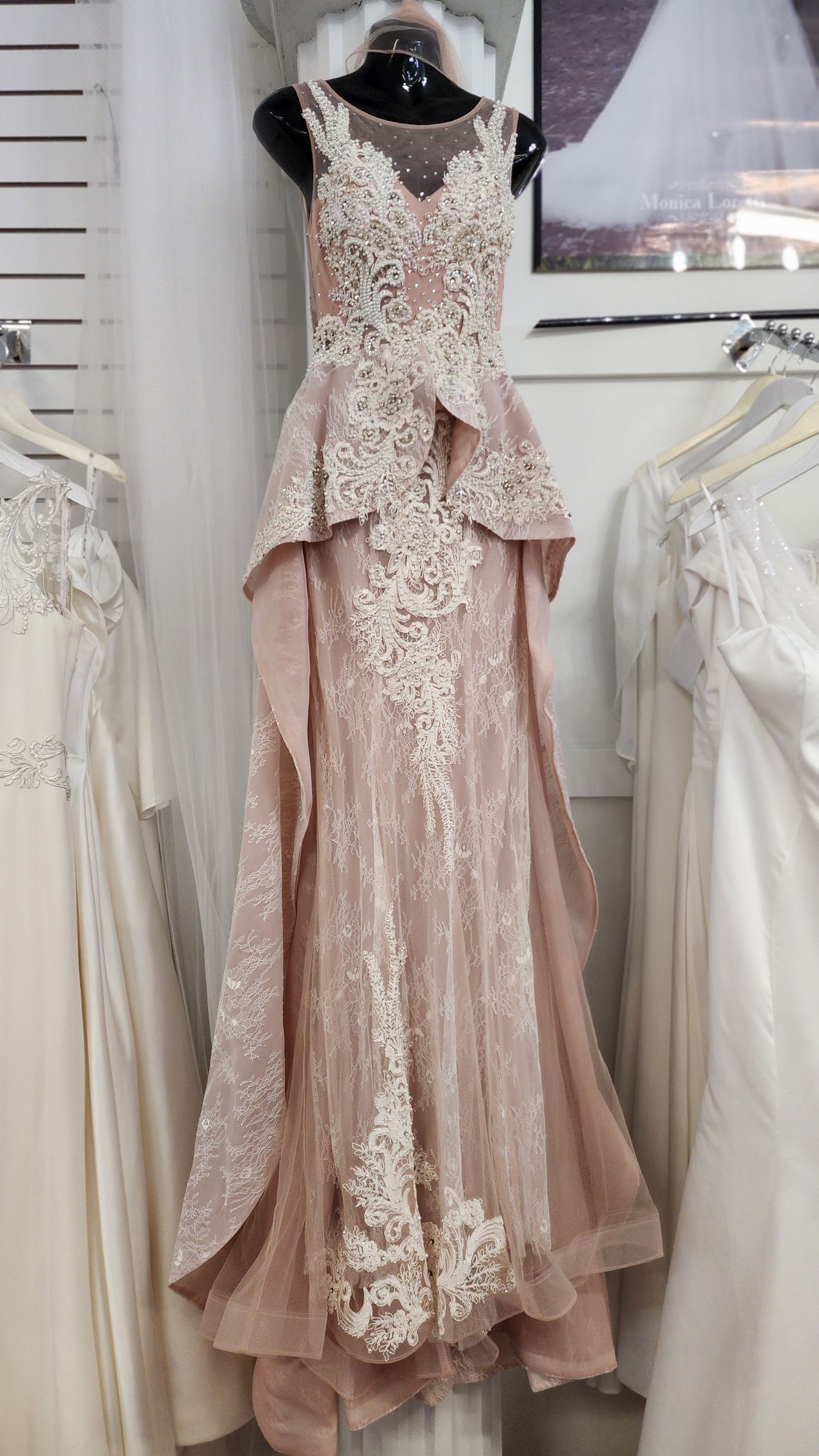 Rose lace beaded gown with peplum bodice