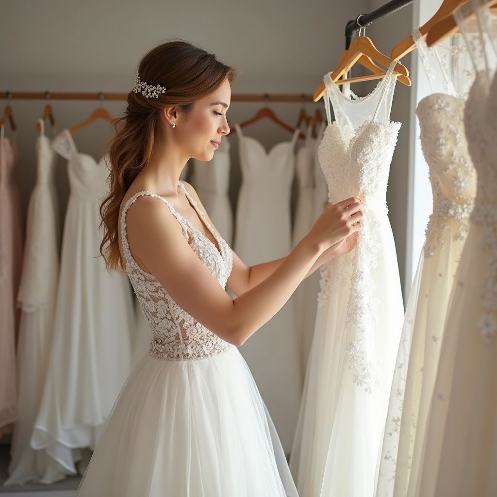 Woman in wedding dress looks at another dress in a bridal shop.