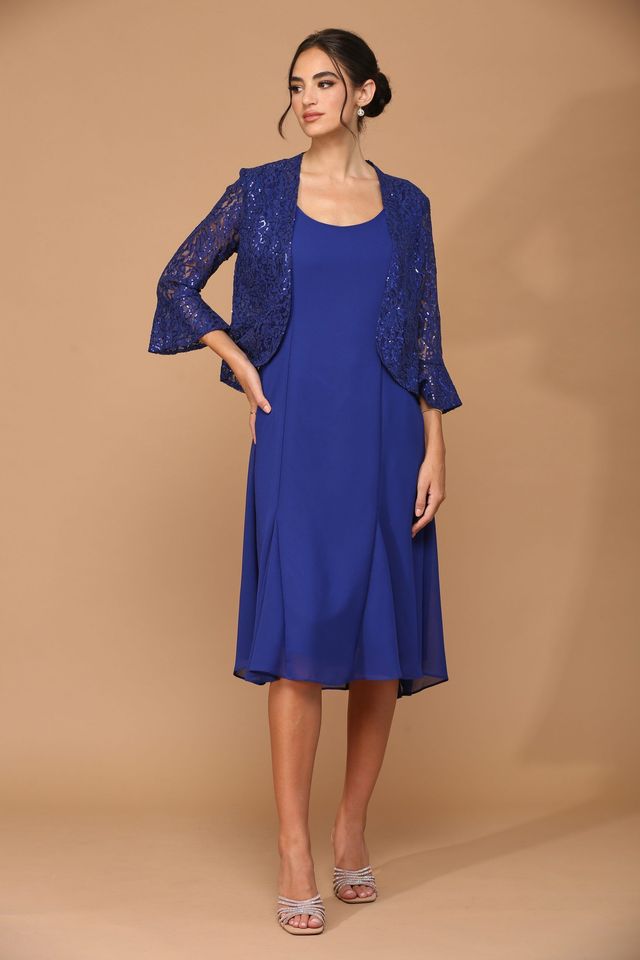 In Stock Quick Ship 2PC Knee Length Pebble Georgette A-Line Dress with  Sequin Lace Jacket Set