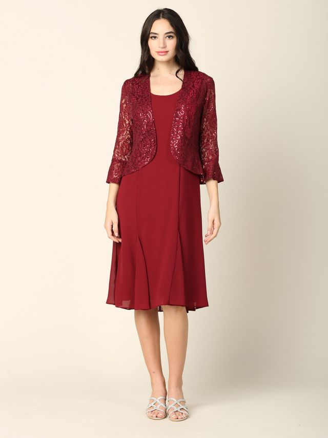 In Stock Quick Ship 2PC Knee Length Pebble Georgette A-Line Dress with  Sequin Lace Jacket Set