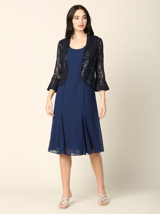 Jessica Howard Dresses Cocktail And Party In Stock Quick Ship 2PC Knee  Length Pebble Georgette A-Line Dress With Sequin Lace Jacket Set
