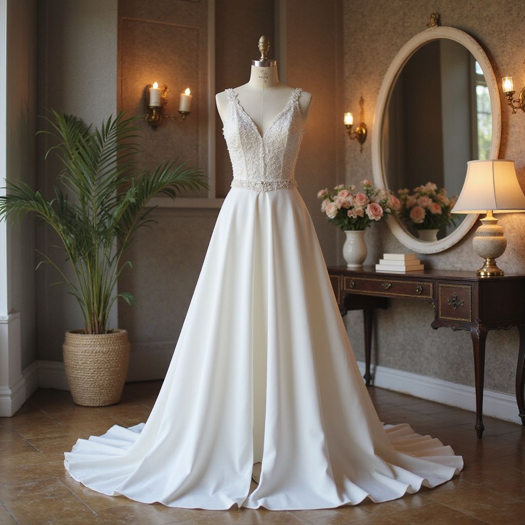 Wedding dress on a mannequin in a well-lit room with a mirror, plants, and antique furniture.