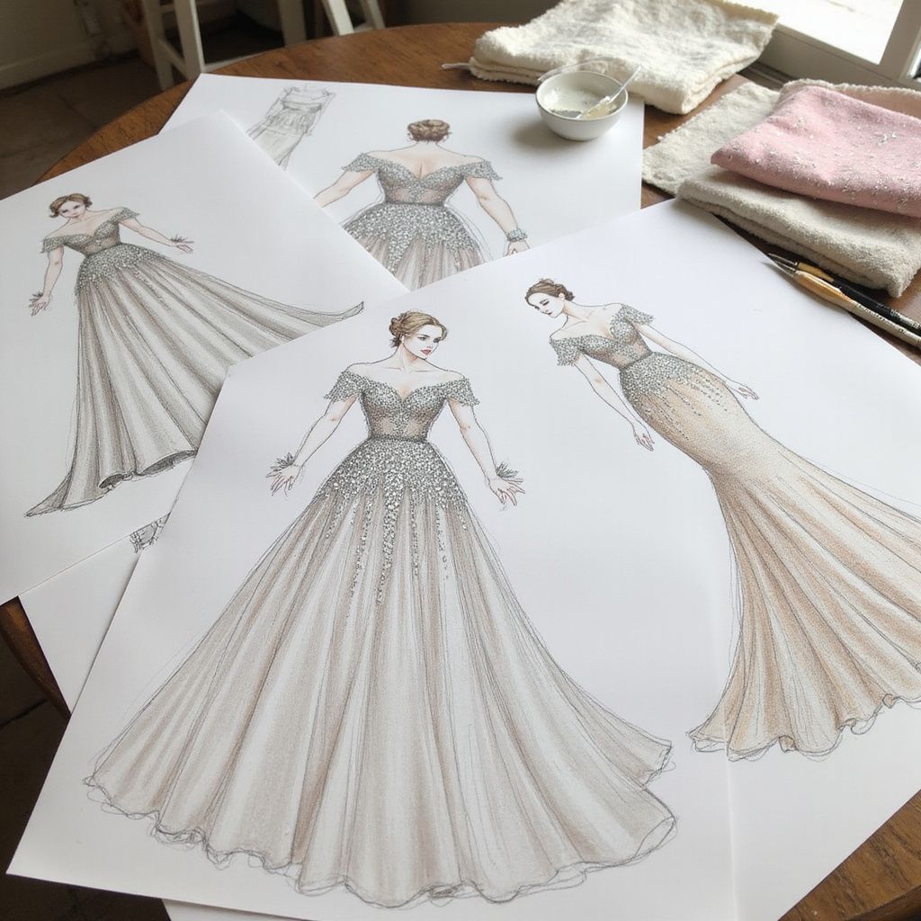 Fashion design sketches of elegant gowns, with fabric samples and tools on a wooden table.
