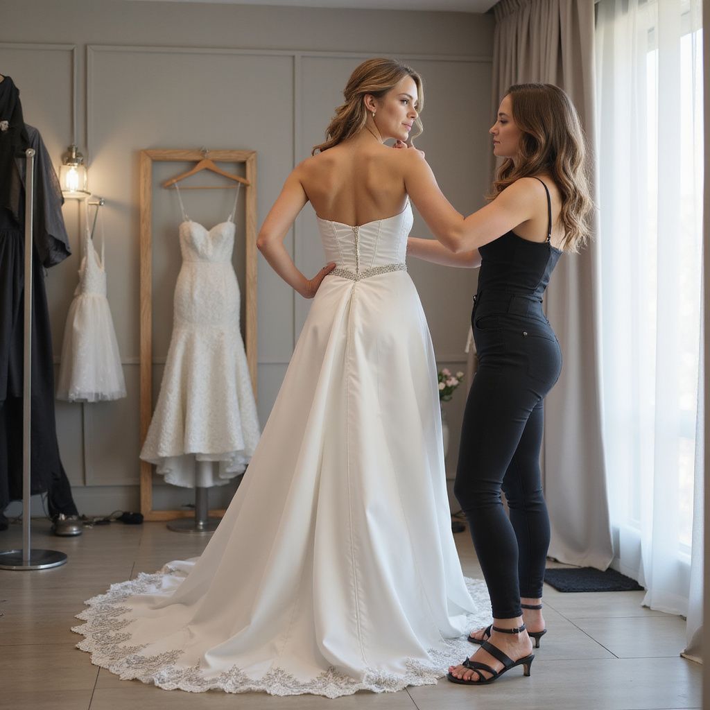Woman in wedding dress, consultant adjusting it; bridal shop.
