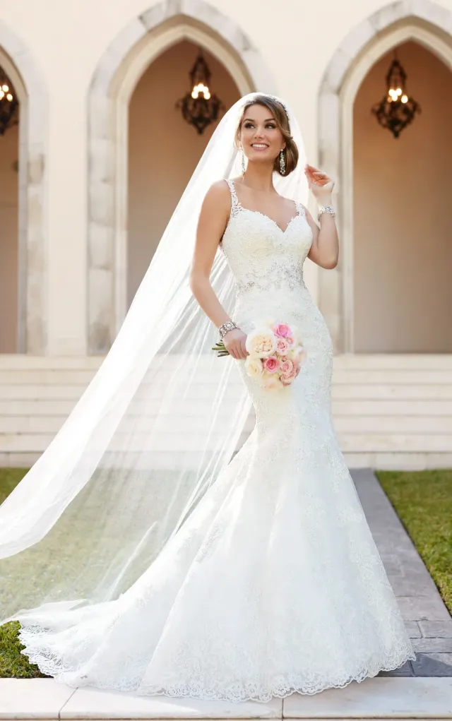 slim fit dress slacks Lace Fit-and-Flare Wedding Dress with Euro Tulle Cape main image 1