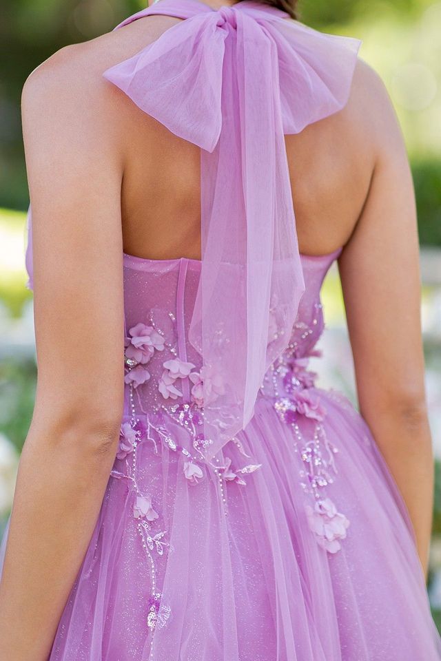 Luscious Lilac Floral Embroidered Beaded Thigh-High Slit Halter Gown