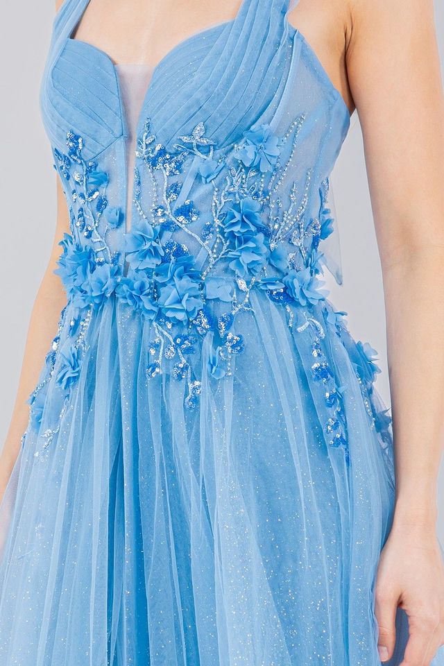 green emerald velvet dress Floral Embroidered Tulle Midi Dress with Lace-Up Back main image 1