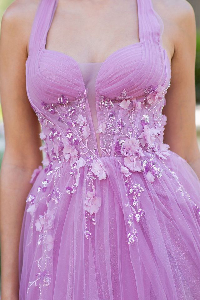 Luscious Lilac Floral Embroidered Beaded Thigh-High Slit Halter Gown Luscious Lilac Floral Embroidered Beaded Thigh-High Slit Halter Gown