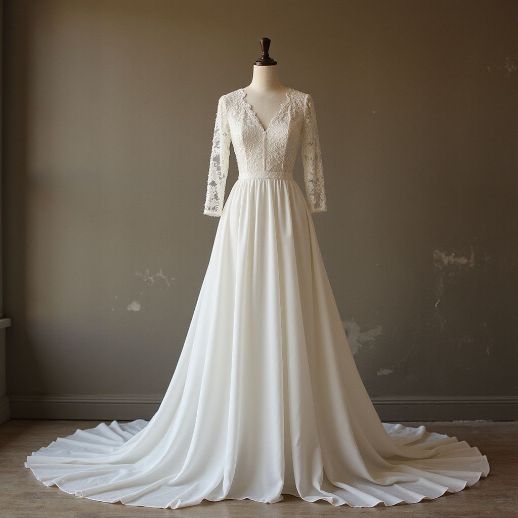 Wedding dress on a mannequin, long sleeves, V-neck, flowing skirt, and a train.