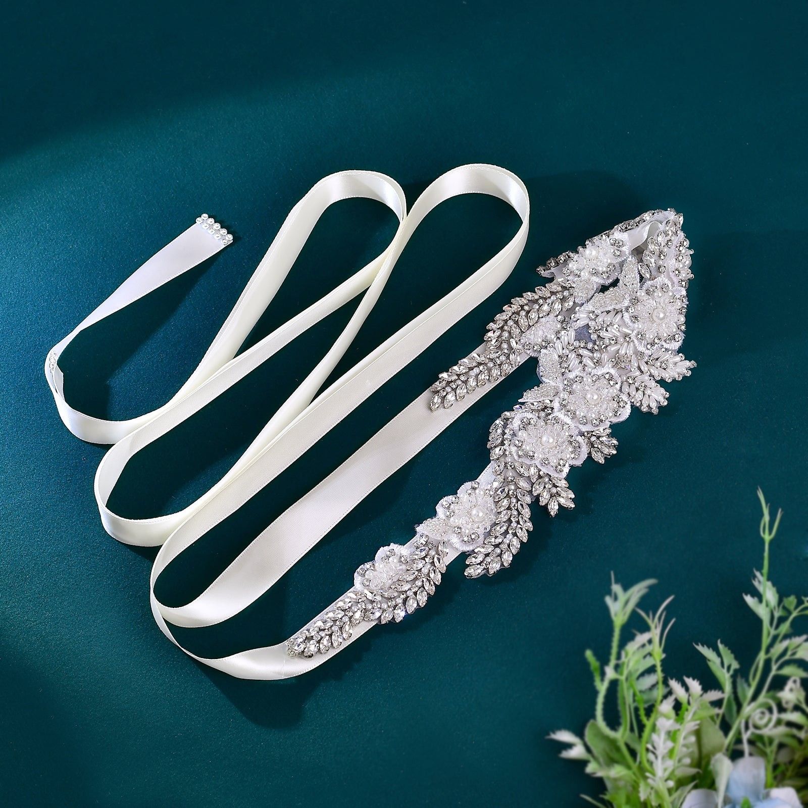 BRI460 Crystal Blossom Couture Bridal Belt – Rhinestone & Pearl Appliqué Sash