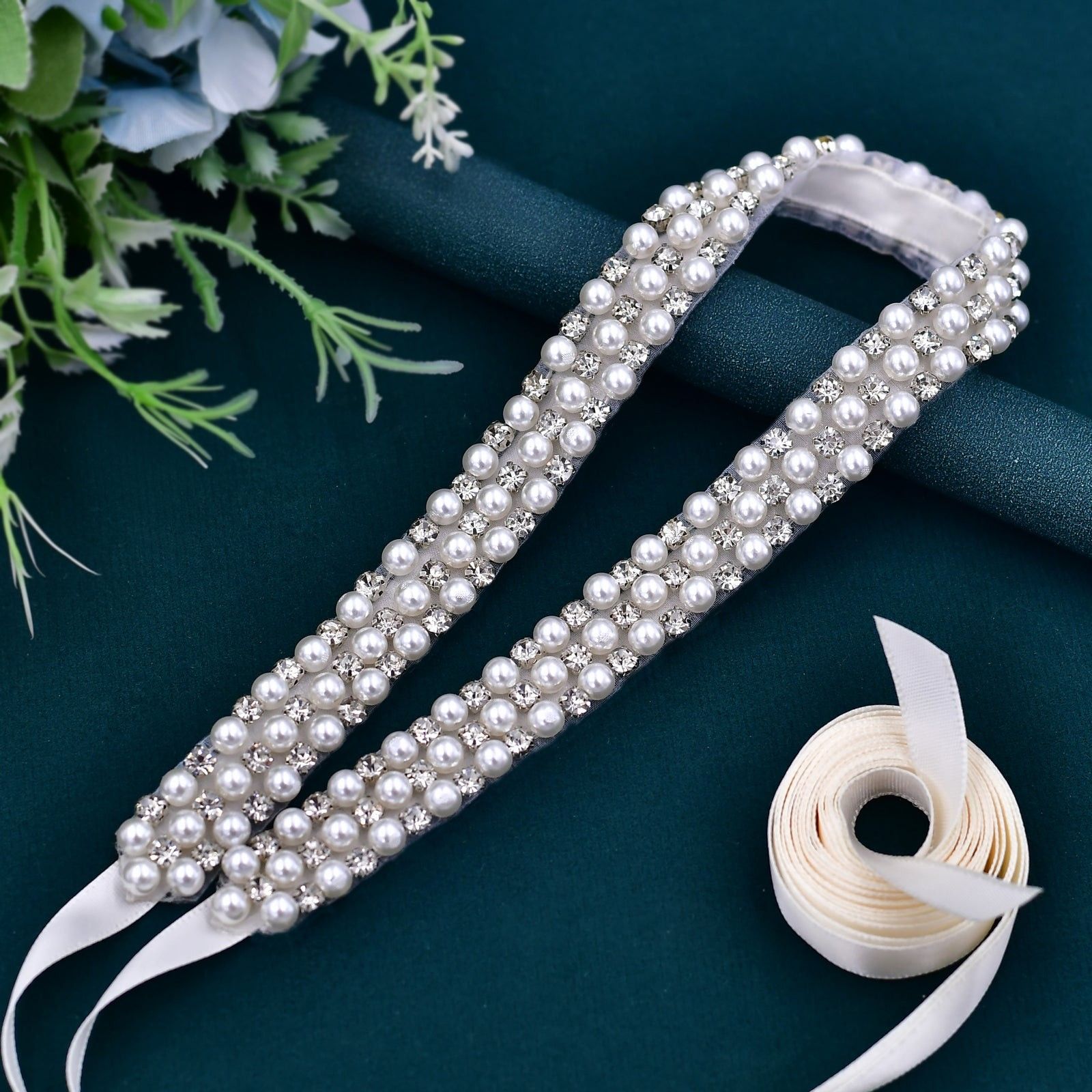 BRI159  Timeless Grace Pearl & Crystal Bridal Belt Sash