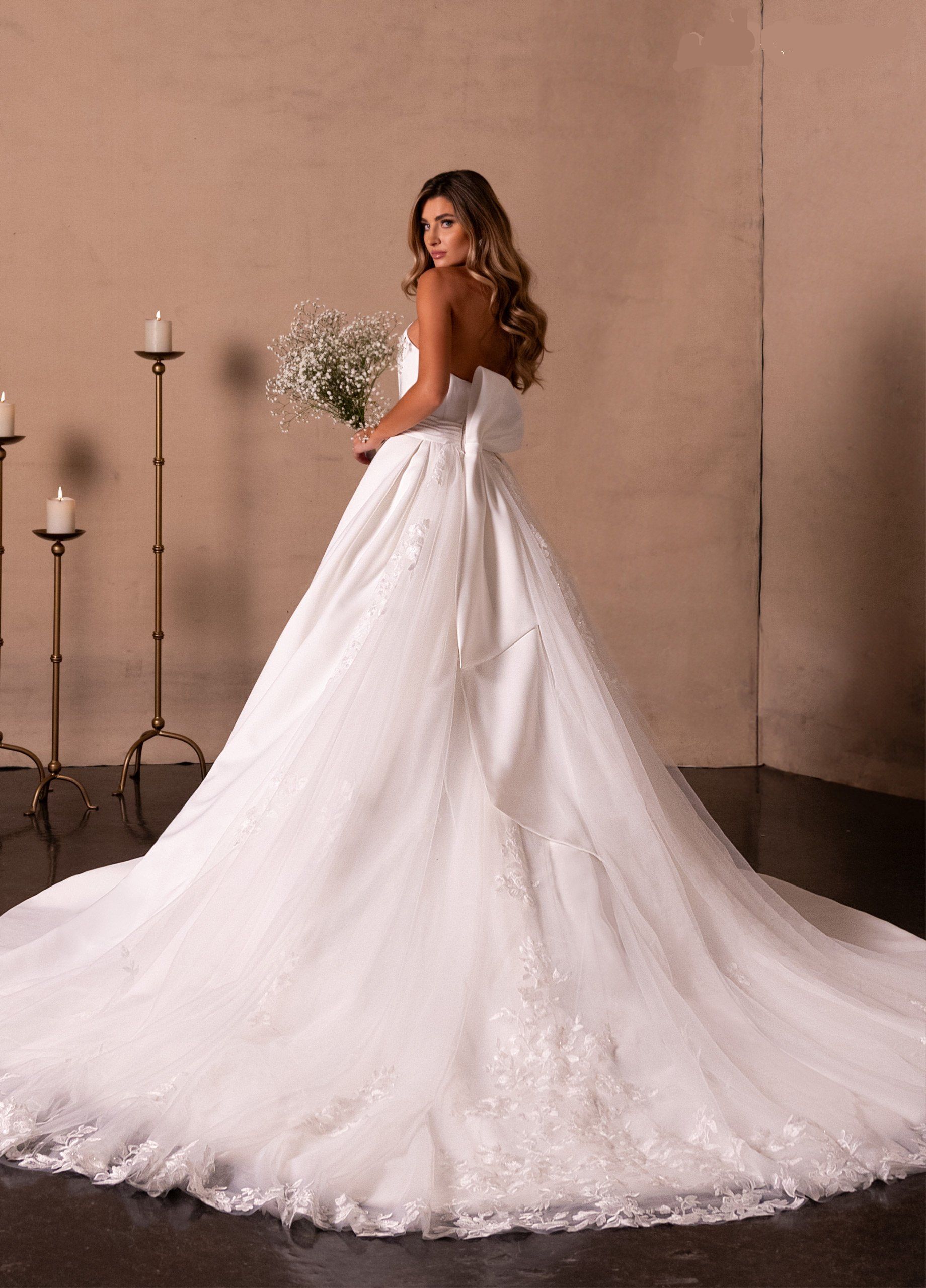 Royal Satin Ball Gown with Embroidered Tulle & Detachable Lace Sleeves