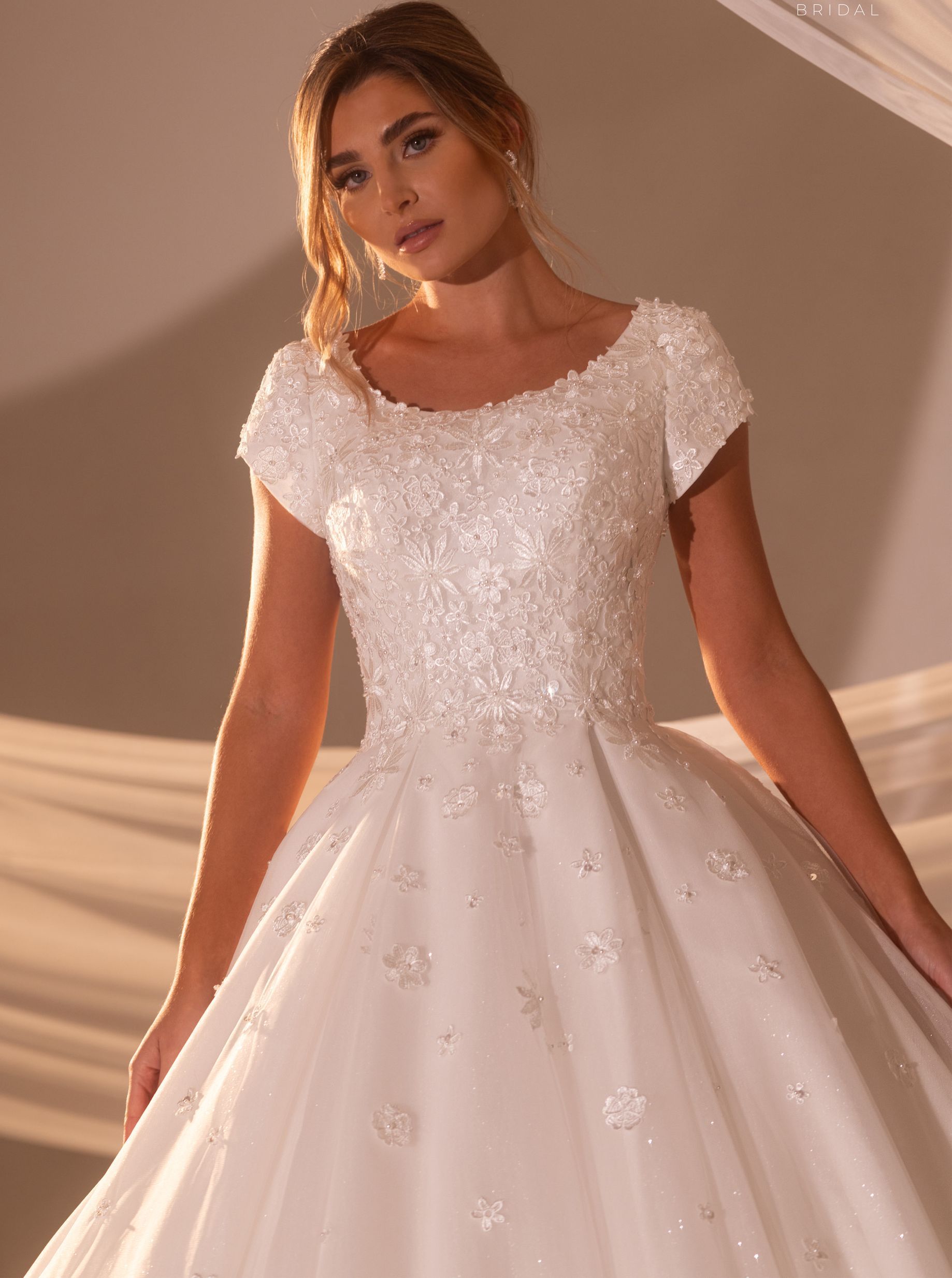 Modest Ball Gown with Beaded Bodice, Cap Sleeves & Glitter Tulle Skirt