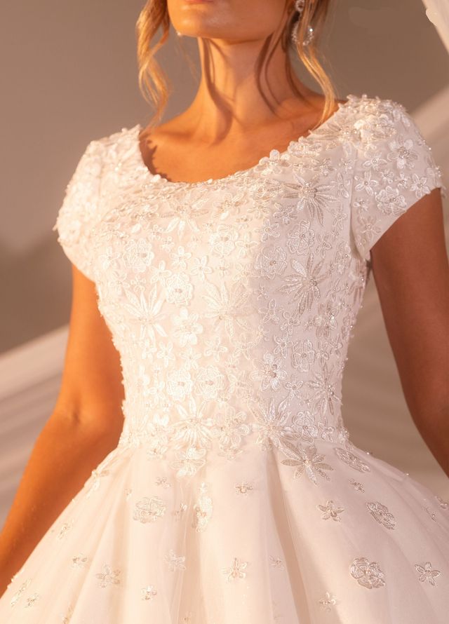 0107BRRA Modest Ball Gown with Beaded Bodice, Cap Sleeves & Glitter Tulle Skirt 0107BRRA Modest Ball Gown with Beaded Bodice, Cap Sleeves & Glitter Tulle Skirt