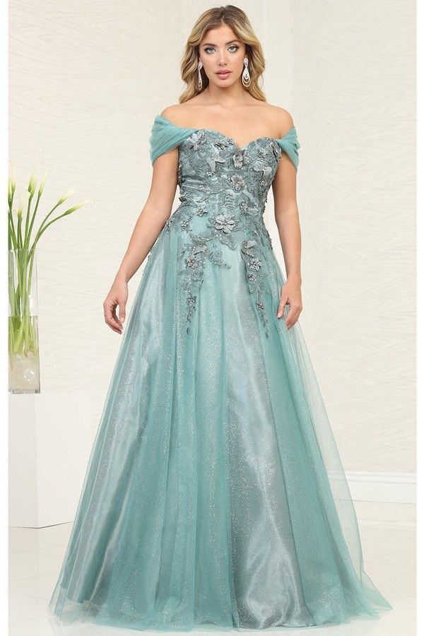 99018QR-Starlit Elegance Off-Shoulder A-Line Gown | Romantic Pearl Sparkle